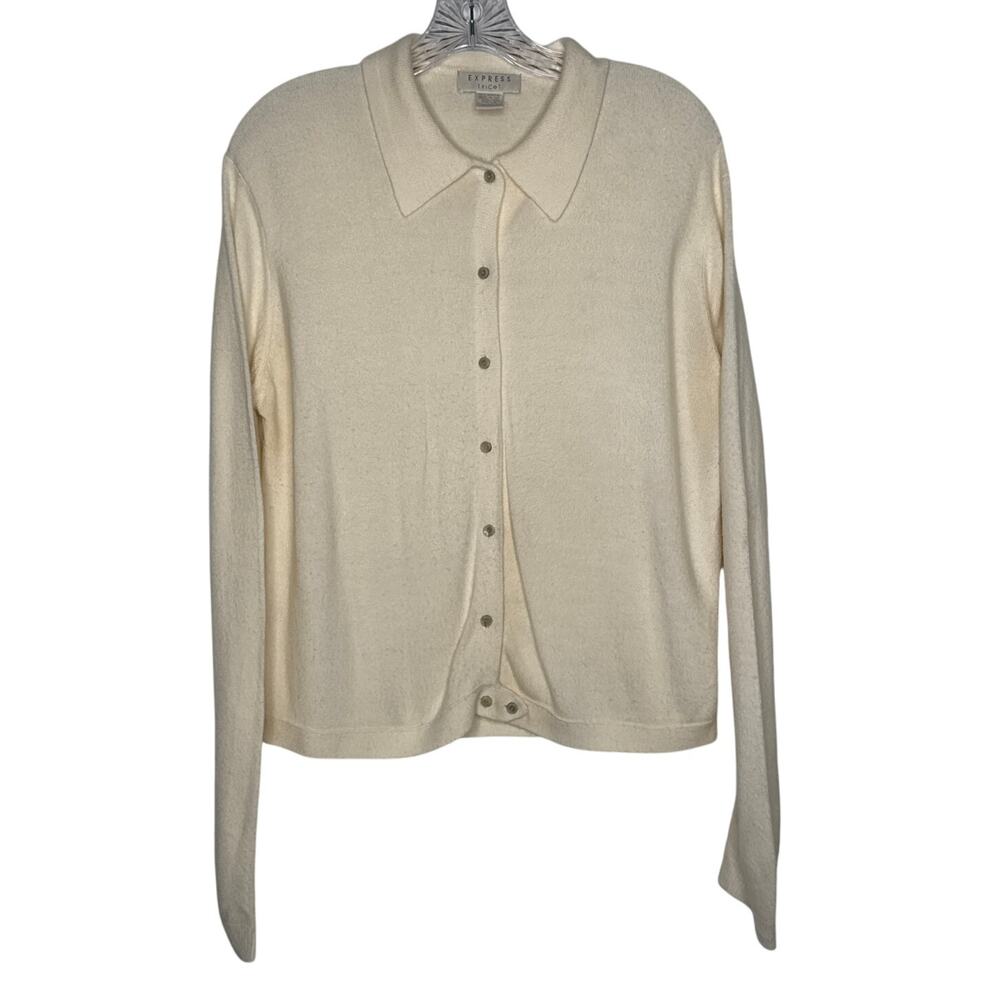 Vintage 70s Express Tricot Ivory Collared Cardigan Sweater Hong Kong Medium